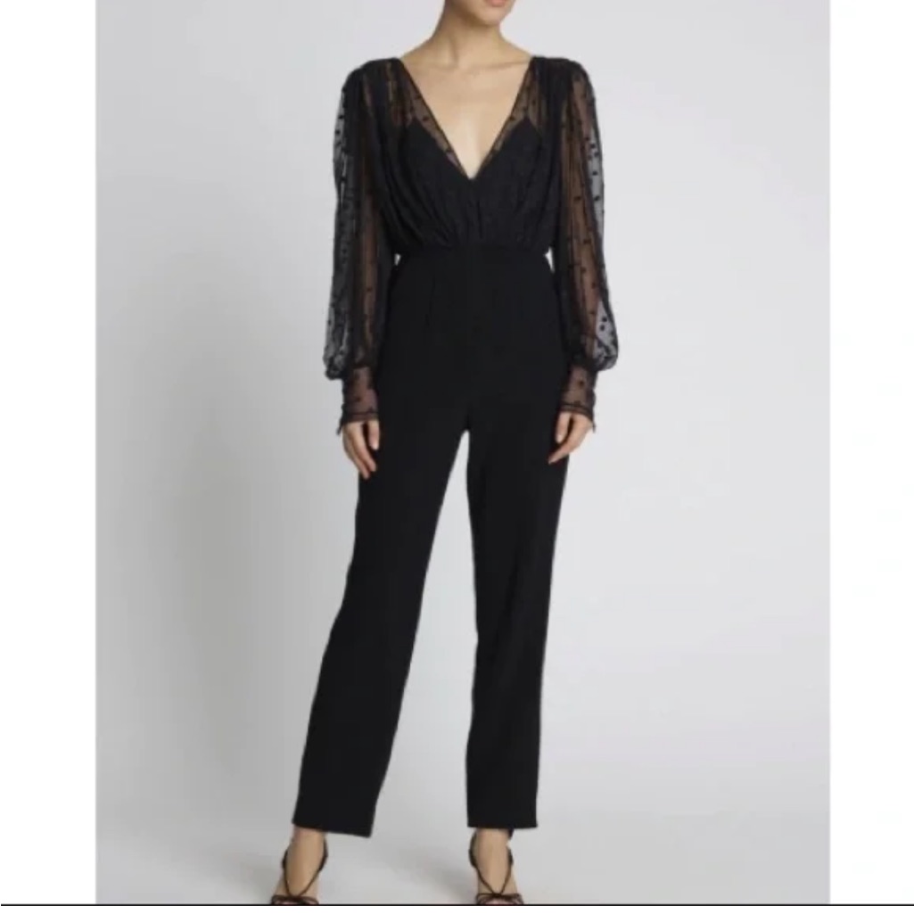 Saloni Women’s Black Sheer Sleeve Jumpsuit Polka Dot Bernadette Size 8 V Neck